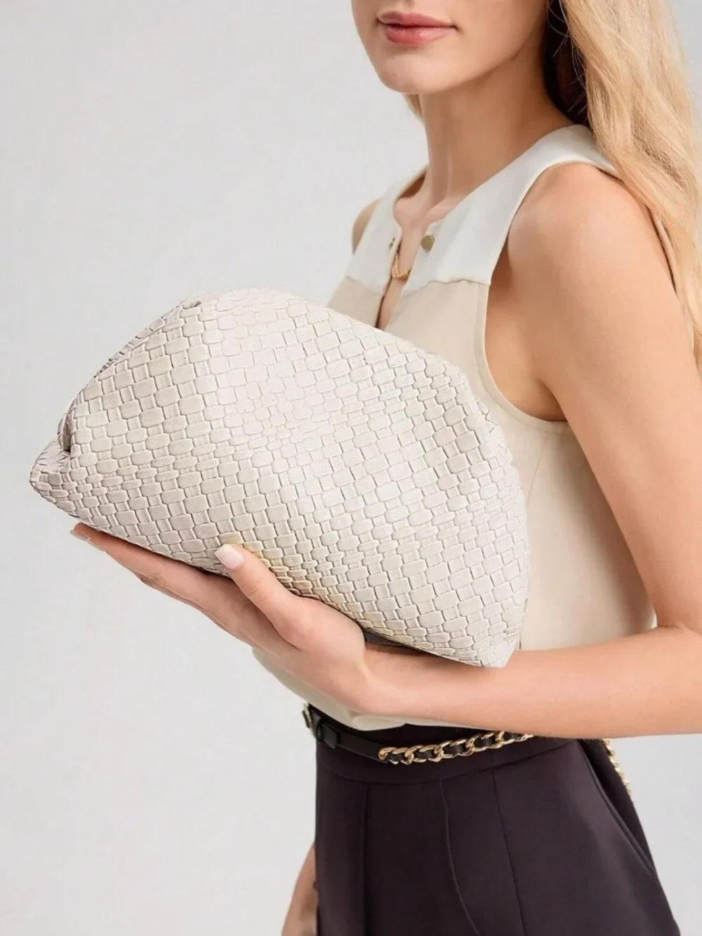 Elegant Woven Evening Dumpling Clutch Purse | Faux Leather Handbag for Parties